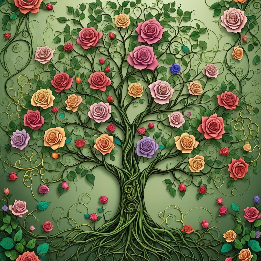 Realistic Family Tree with Vines and Roses