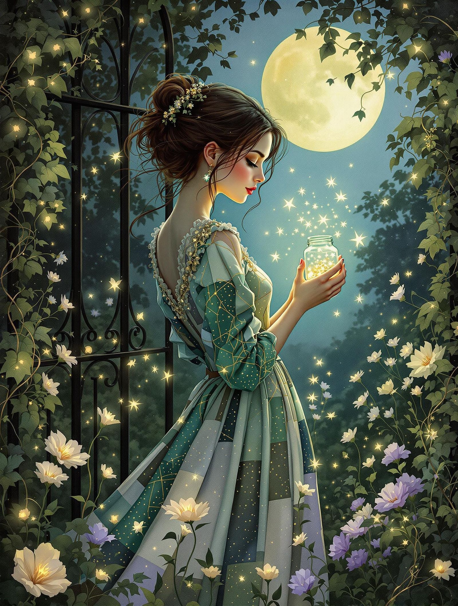 Enchanted Garden Scene in Dreamy Watercolor and Metal Inks