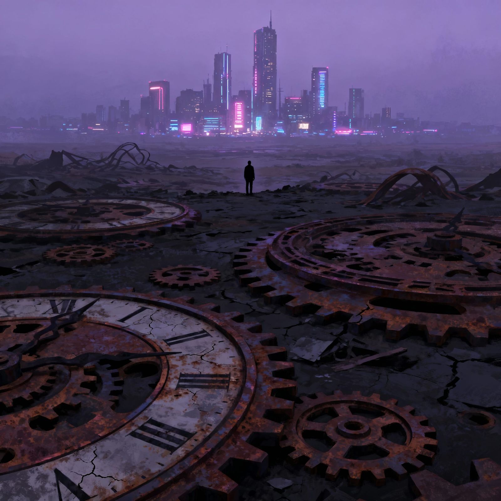 Lone Figure in Crumbling Landscape with Clockwork Mechanisms