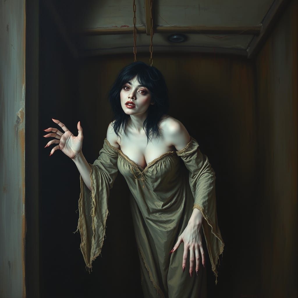 Creepy Asian Ghost Haunts Dark Room in Oil Painting