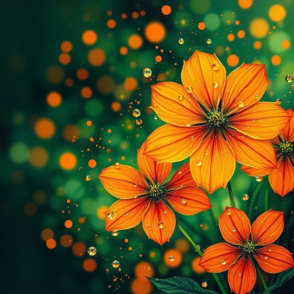 Orange and Green Fantasy Flowers in Impasto Style