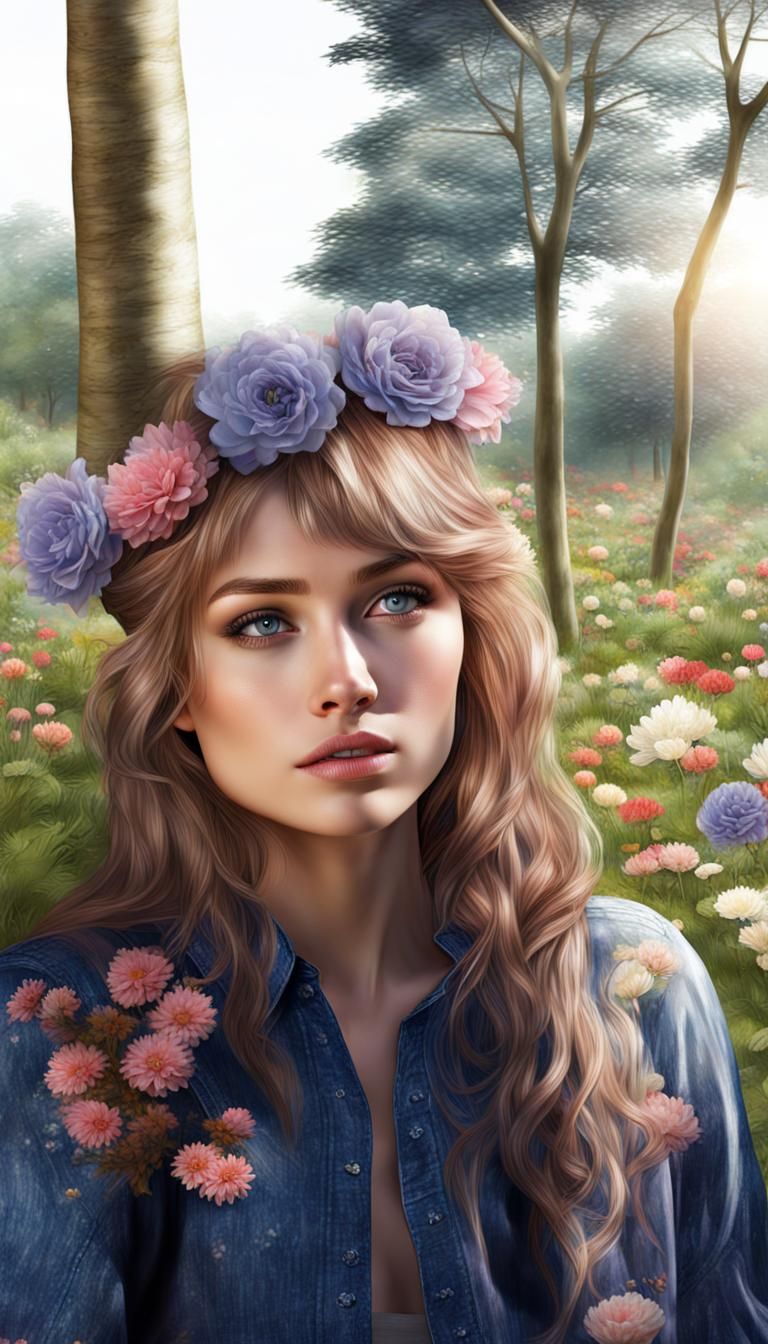 Beautiful Young Woman in Fantasy Flower Garden