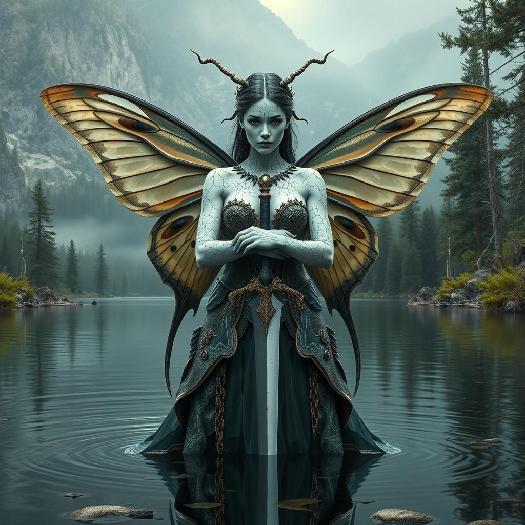 Granite Faerie with Sword in Mountain Lake
