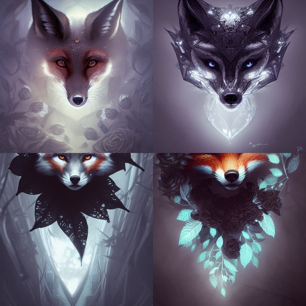 Fox Portrait with Black Roses in Hyper-Realistic Style