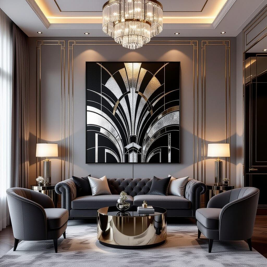 Luxurious Art Deco Living Room with Geometric Painting