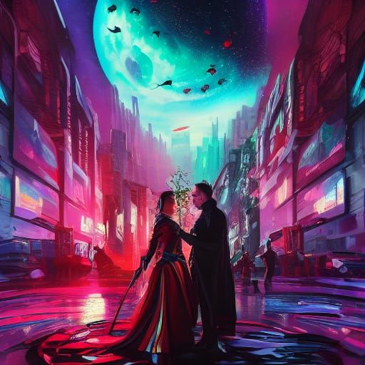 Cyberpunk Nightclub Scene with Dancing Couple
