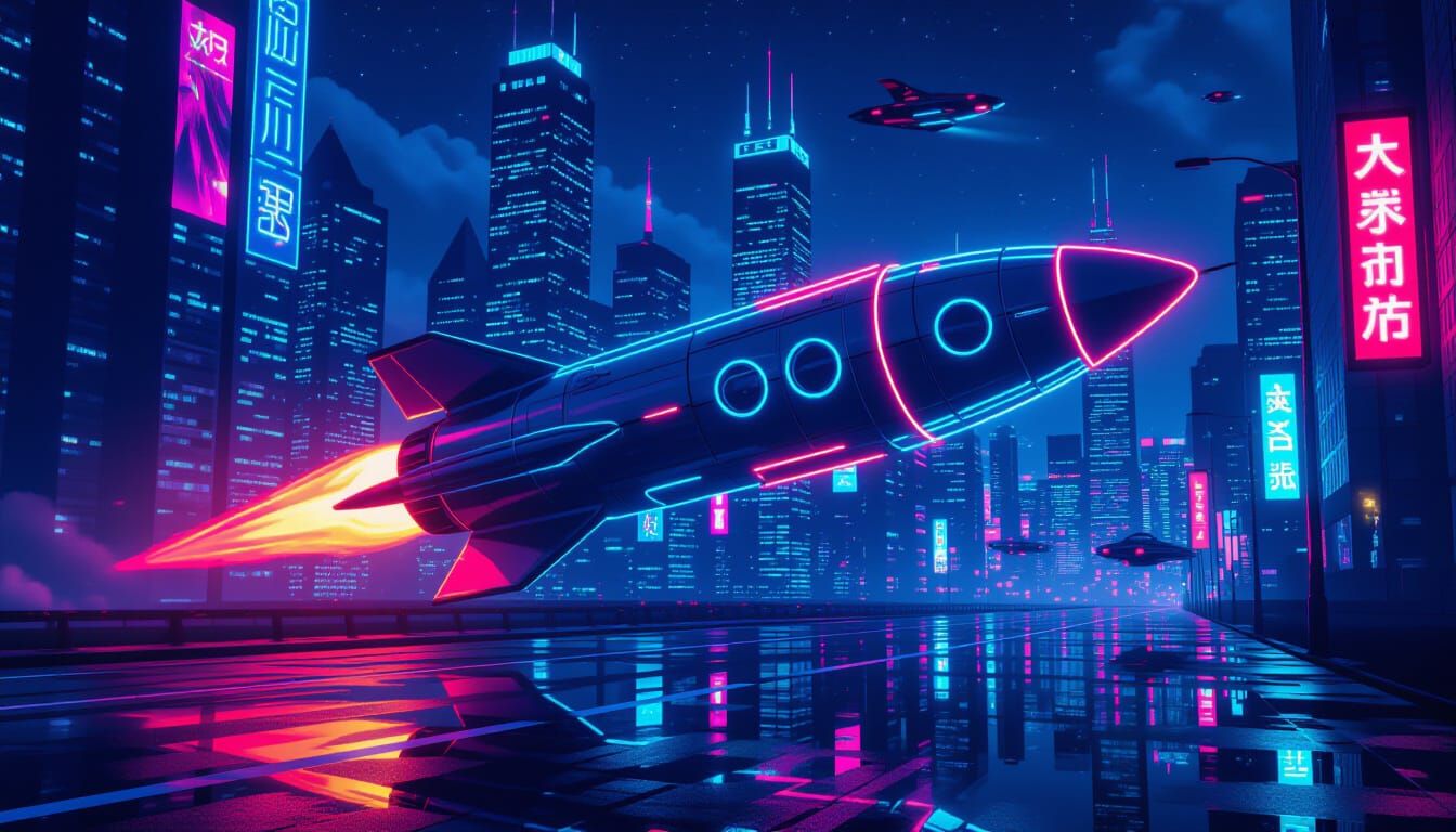 Neon Rocket Ship in Futuristic Cityscape