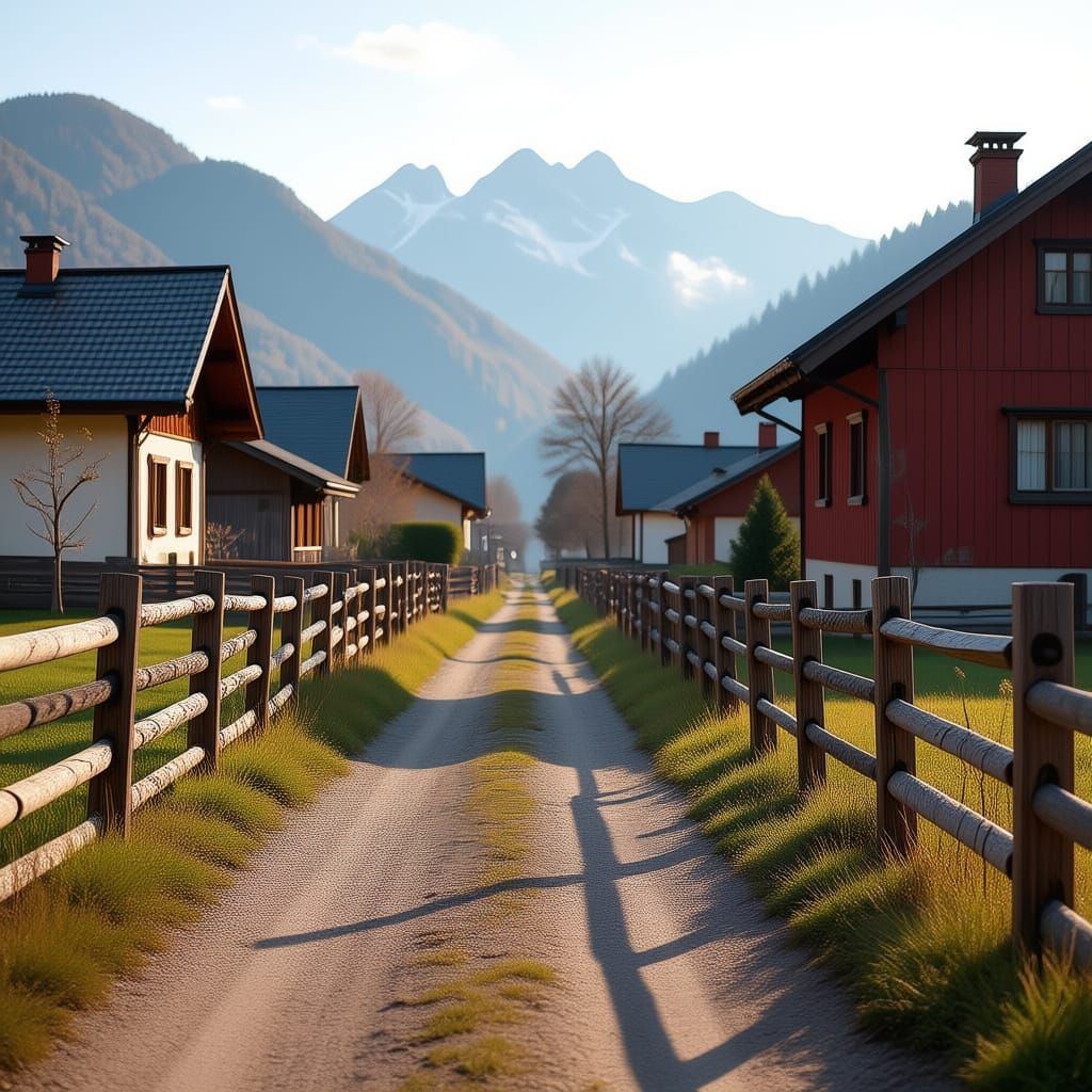 Village Path with Wooden Fence and Blurred Mountains