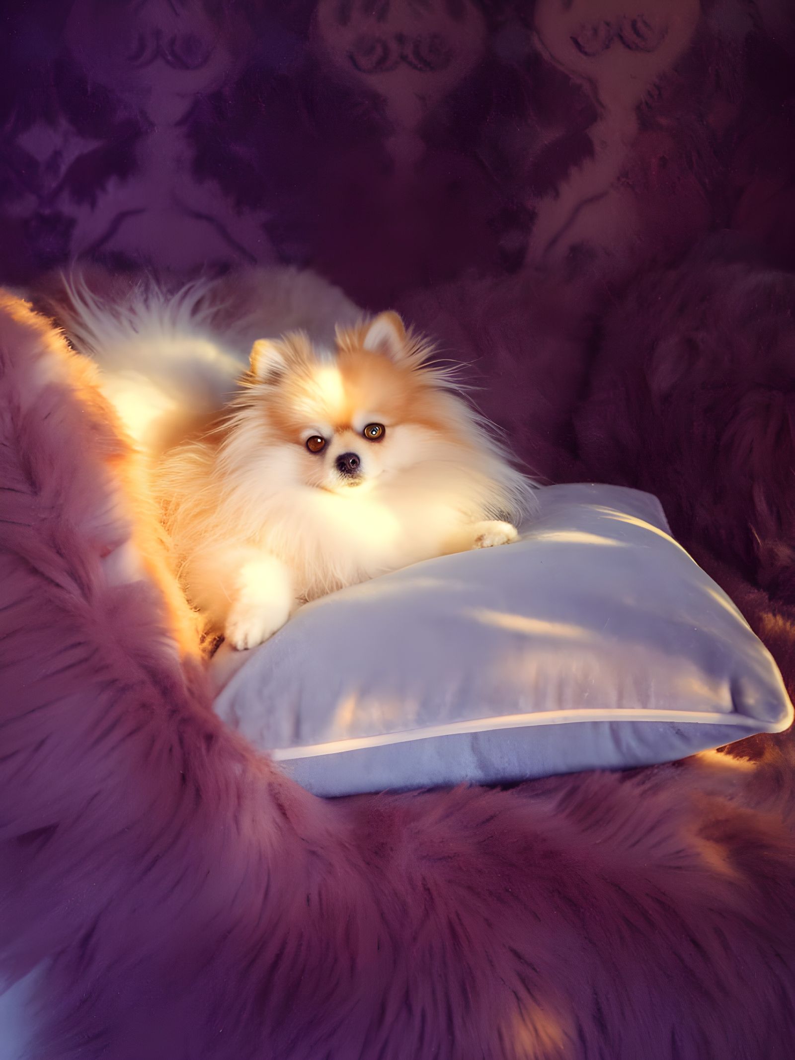 A Pomeranian Dog on a Velvet Pillow in Warm, Soft Light