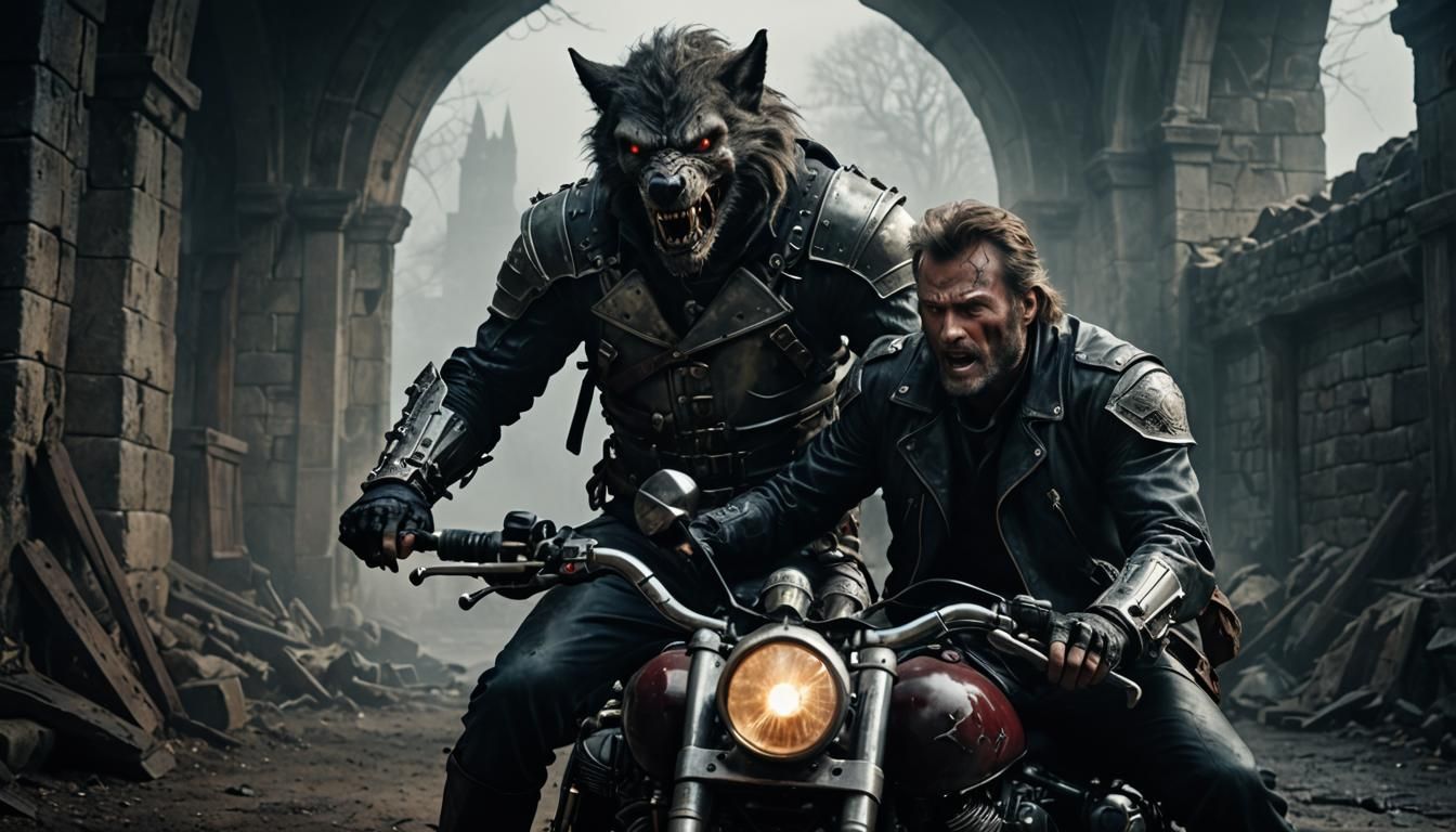 Werewolf Biker vs. Cyborg Vampire in Foggy Ruins