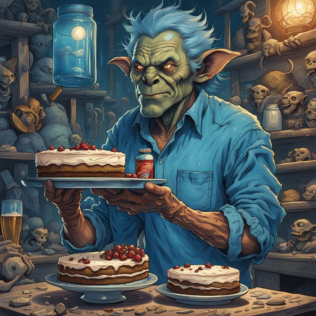 Steampunk Goblin with Cake, Comic Art Style