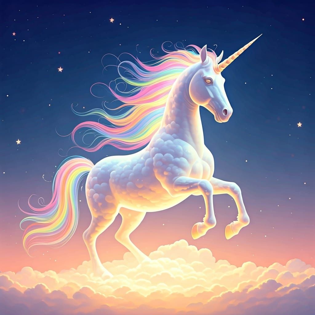Ethereal Cloud Unicorn Galloping Through Twilight Sky