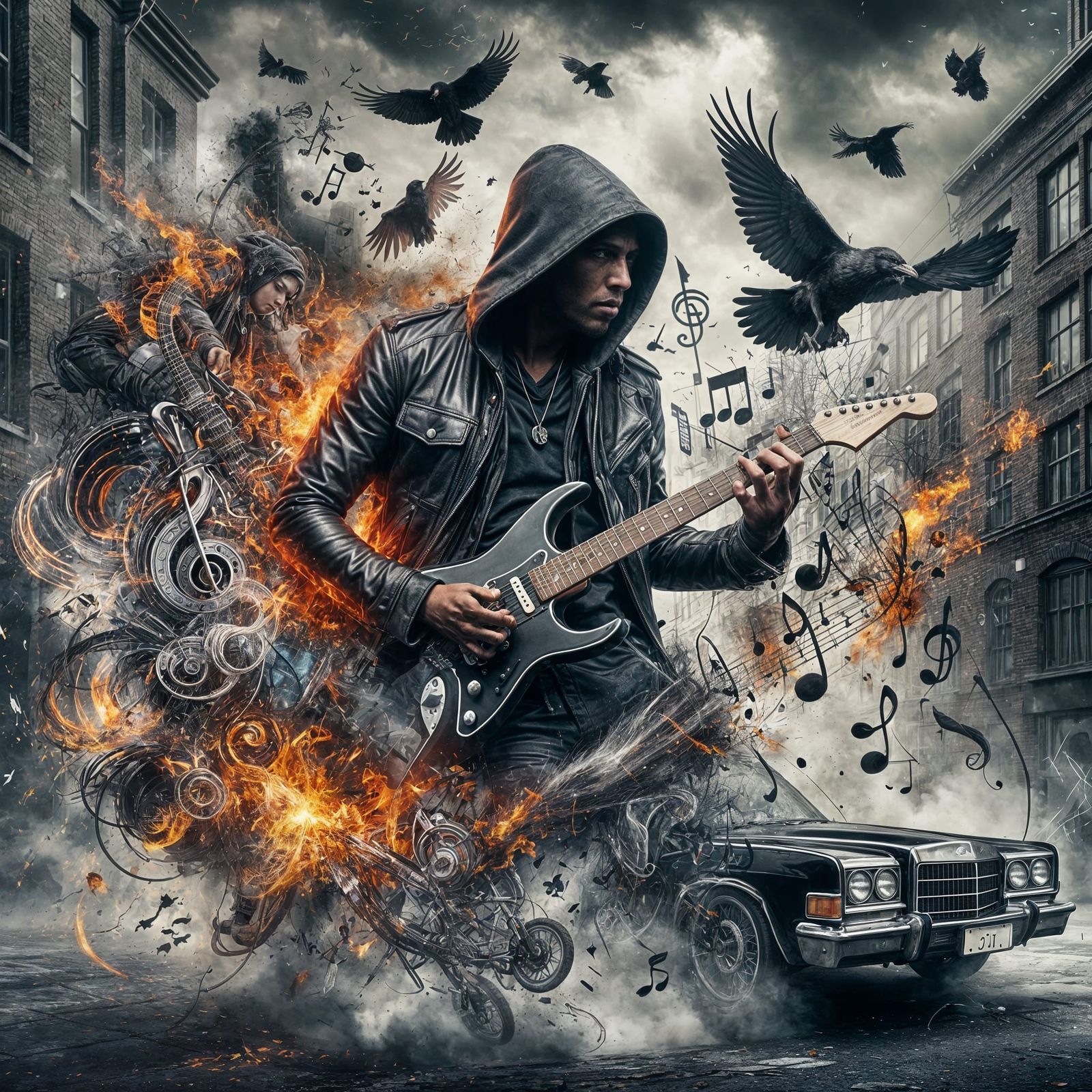 Urban Musician Amidst Fiery Chaos