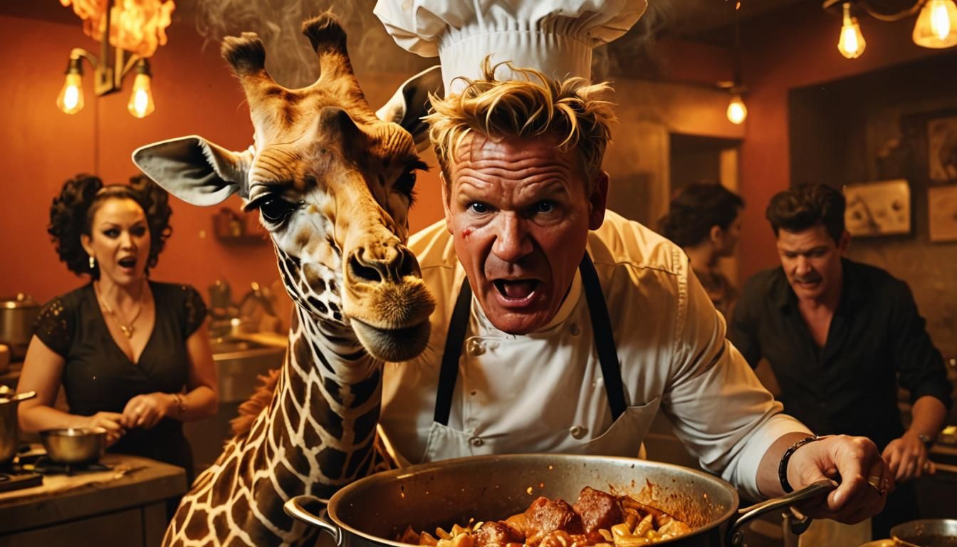 Cinematic Kitchen Mayhem: Gordon Ramsay vs. Giraffe In Chaos
