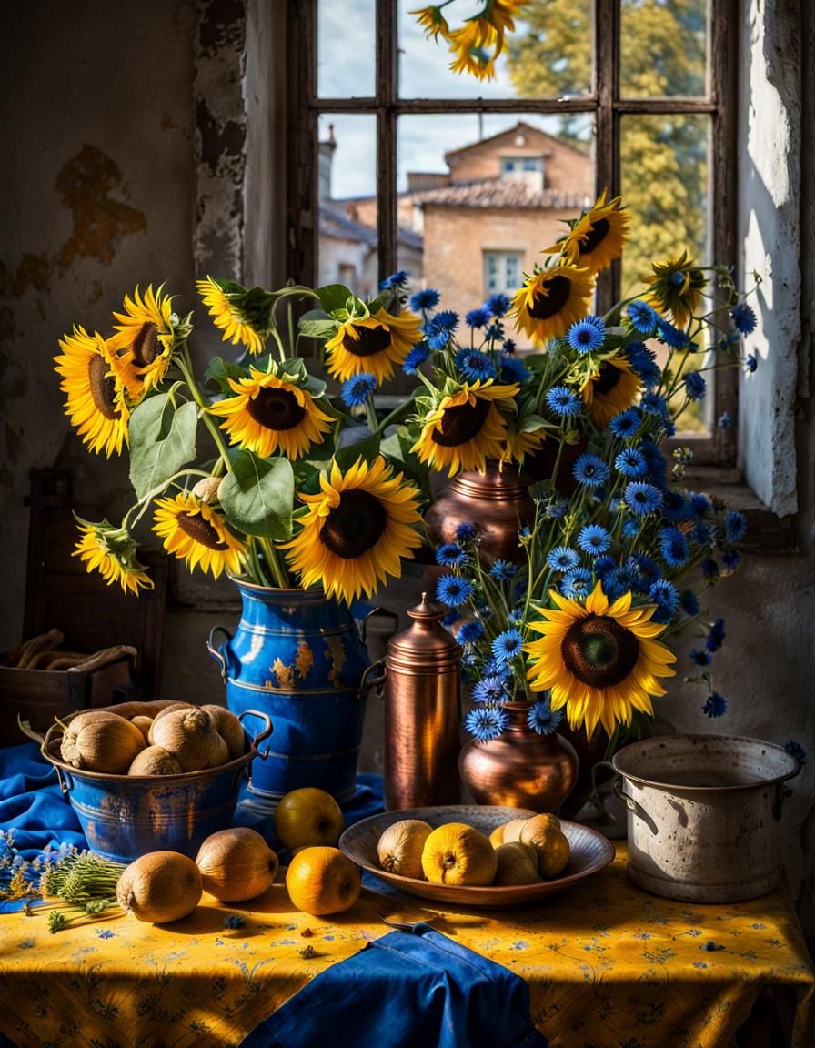 Sunflowers and Delft Blue Flowers Still Life