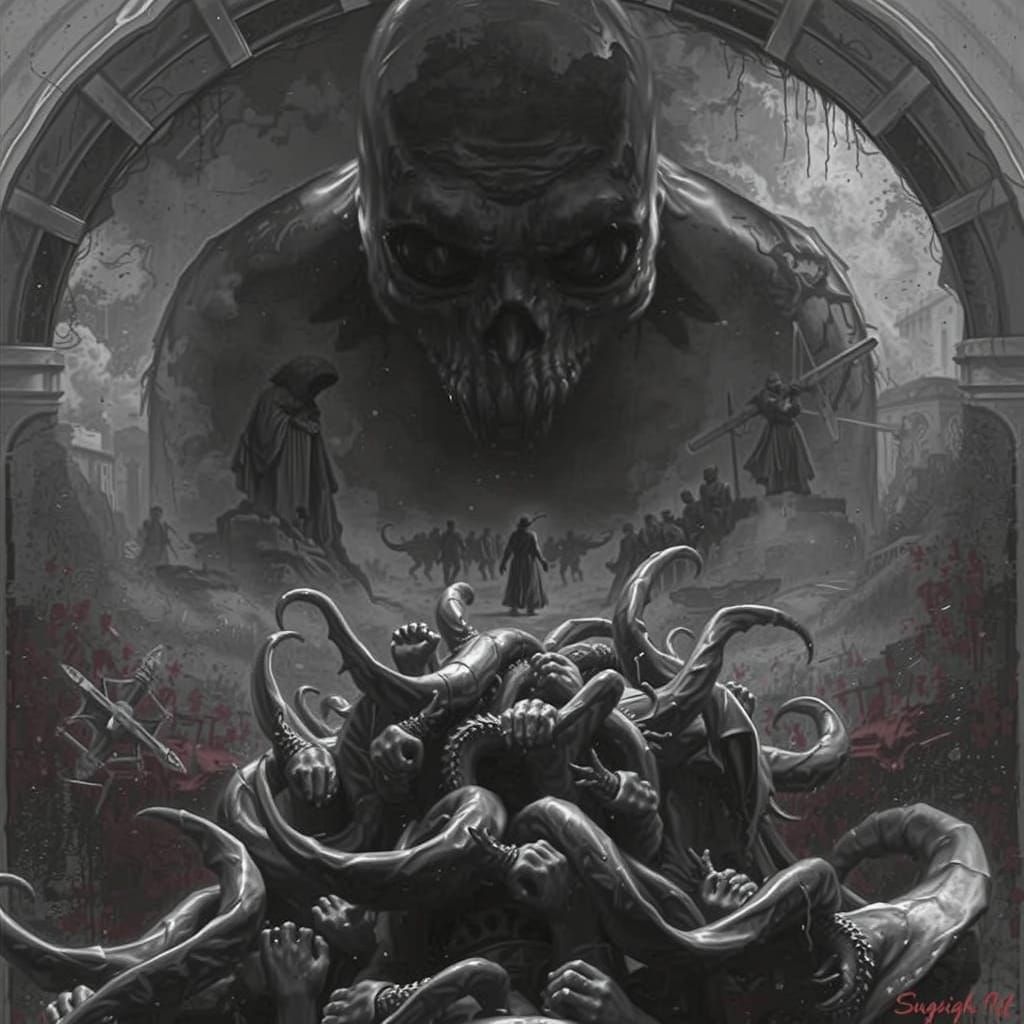 Eerie Vessel Overflowing with Eels in Gothic Horror Style