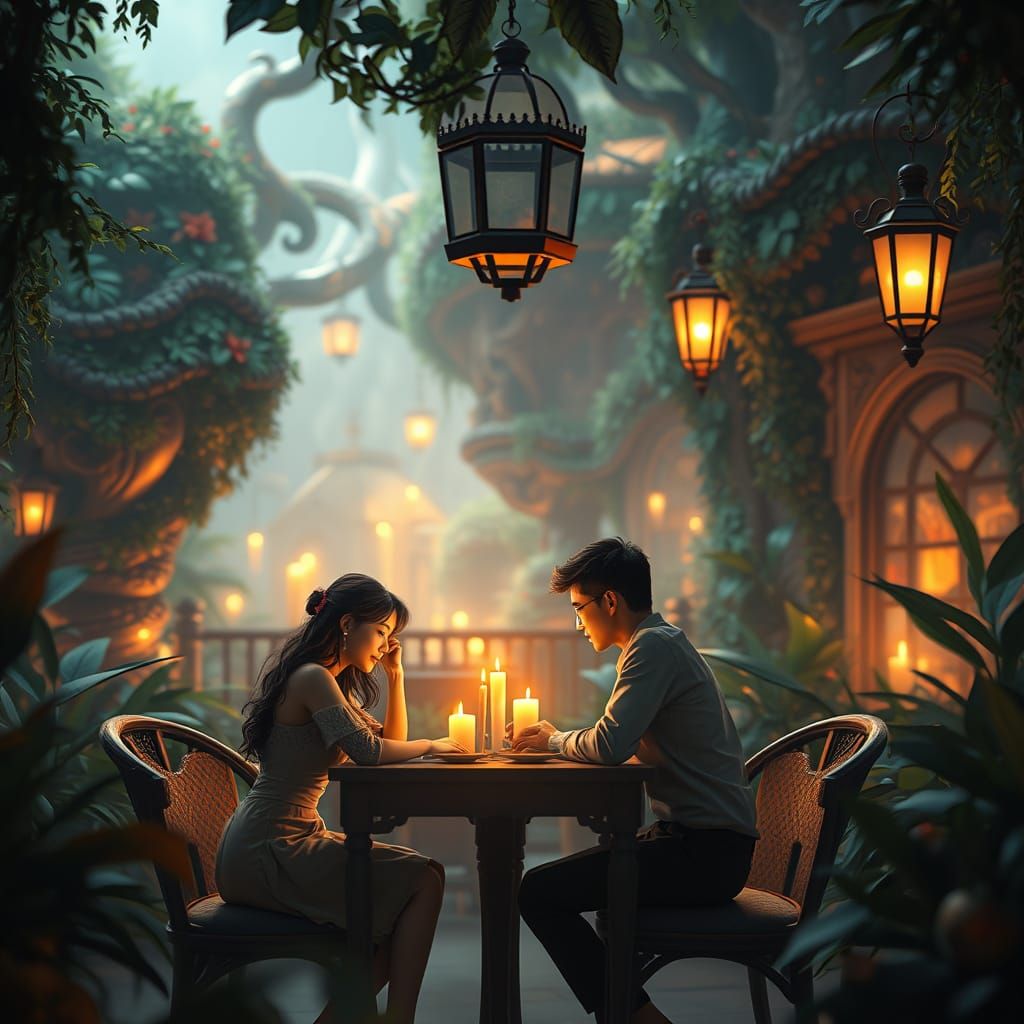 Whimsical Restaurant Date in Dreamlike Setting