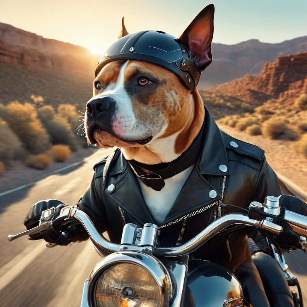 Amstaff Biker Dog Rides Harley in Desert Canyon