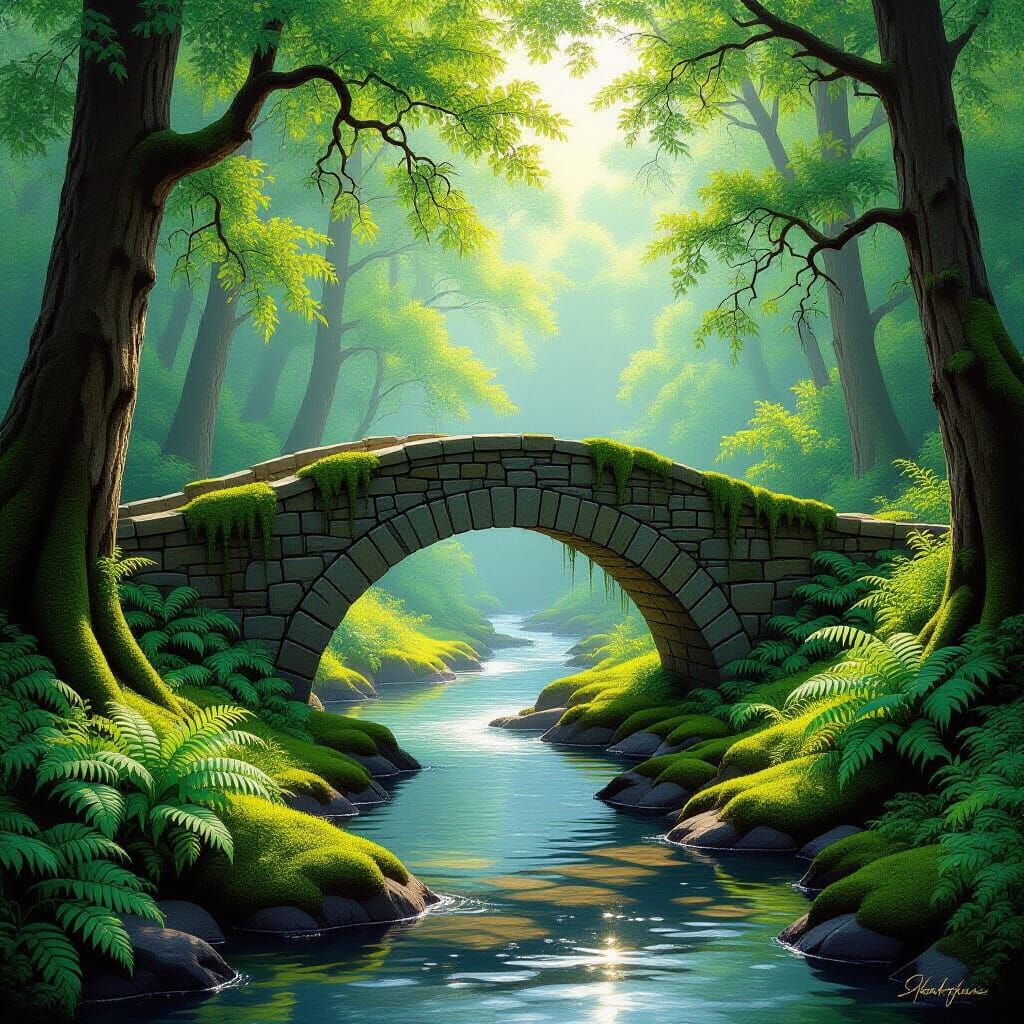 Serene Forest Bridge Over Winding Stream in Painterly Style