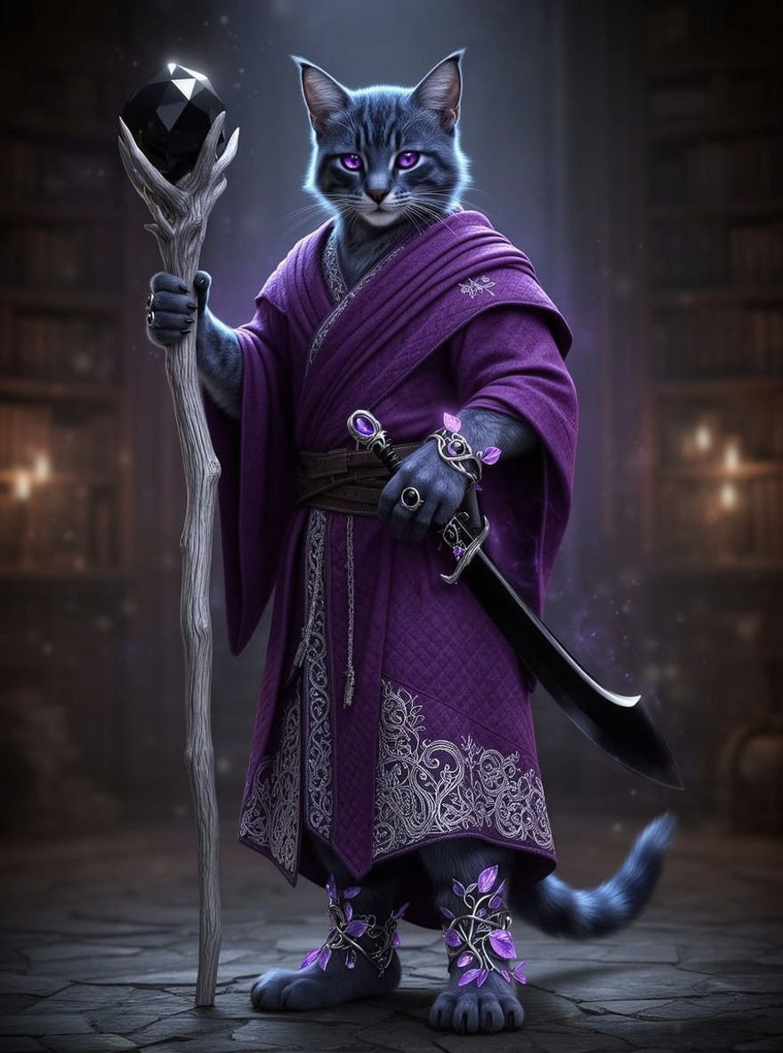 Tabaxi Warrior in Purple Robe with Onyx Staff