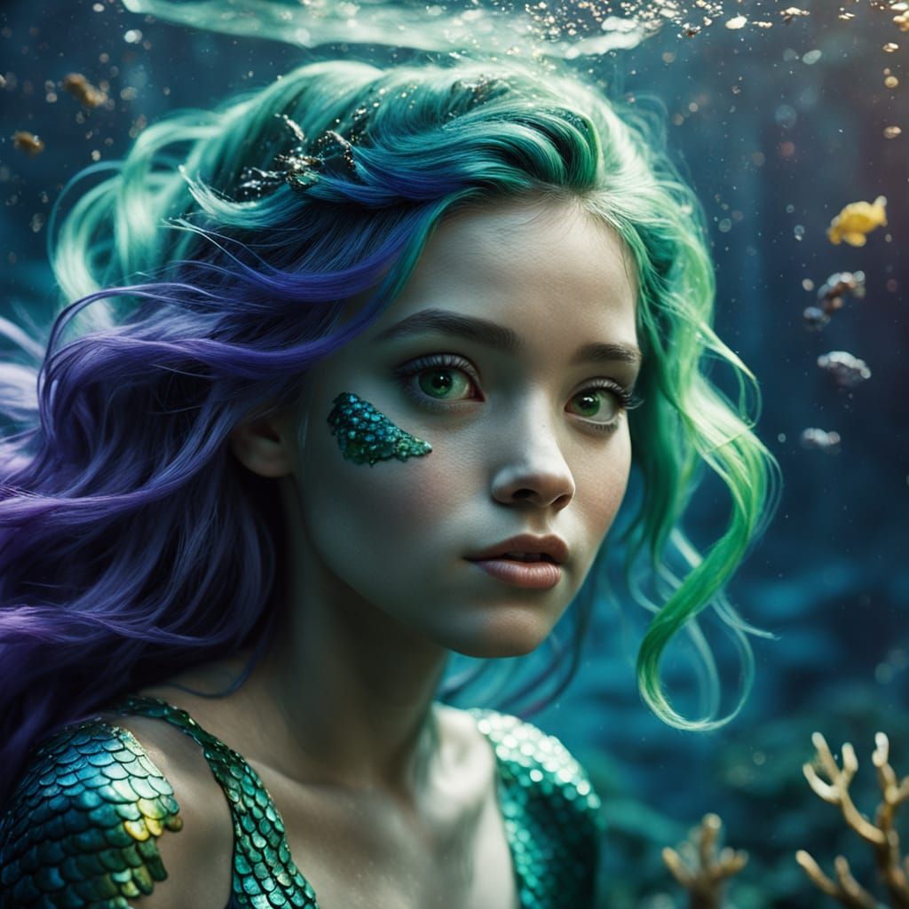 Underwater Mermaid with Green Hair in Cinematic Style