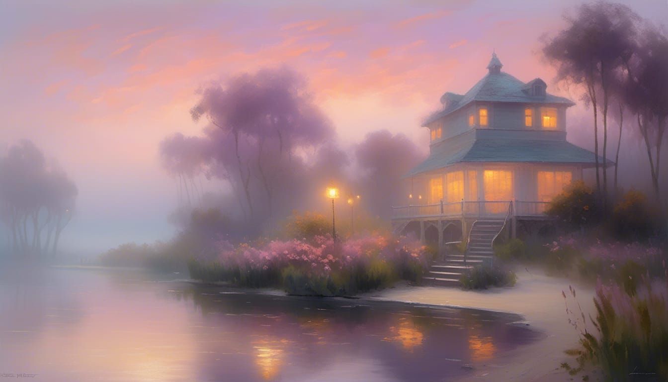 Impressionist Cabin Overlooking Misty Swamp at Sunset