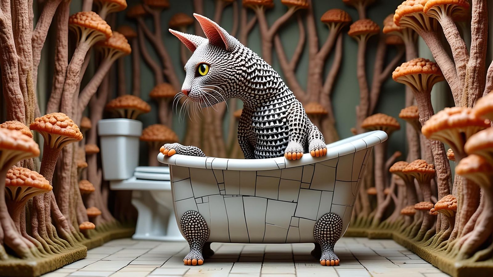 Surreal Fingerpunk Cat in a Bathtub