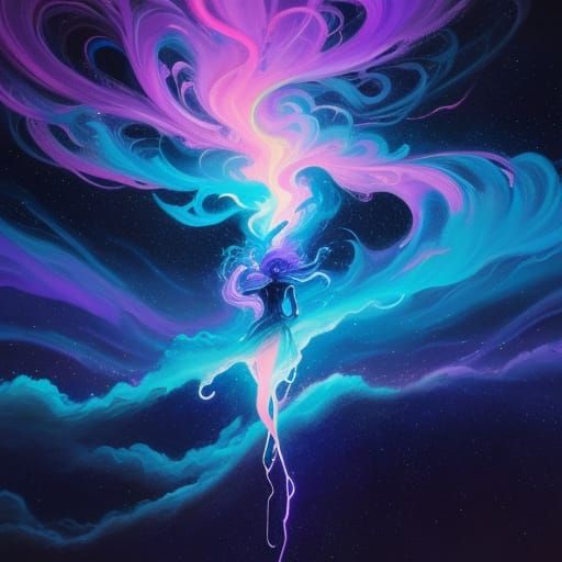 Surreal Figure Floating in Space as Vibrant Oil Painting