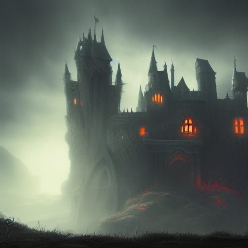 Scary Castle with Pumpkins in Dark Fantasy Style