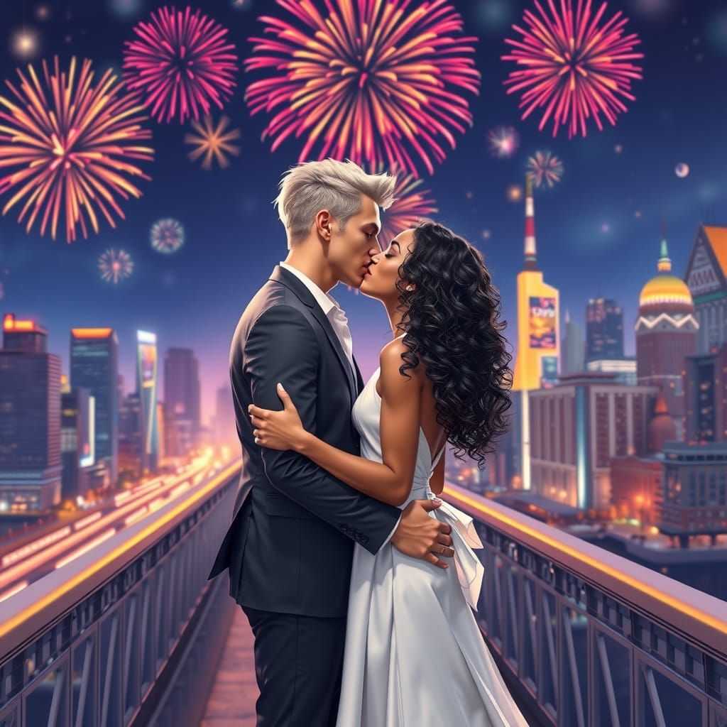 Romantic Kiss Under Fireworks in Anime Style