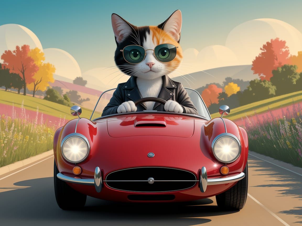 Calico Cat Drives a Red Sports Car