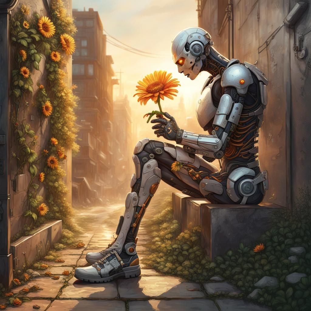 Cyborg About to Destroy Flower: Tech vs Nature