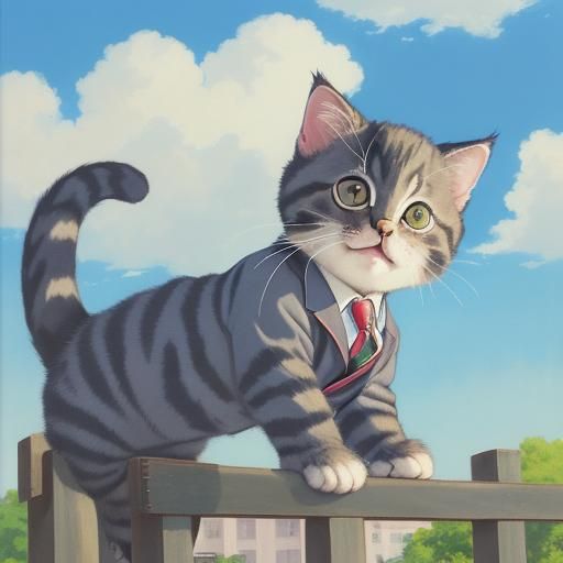 Cute Kitten in Suit, Studio Ghibli Style