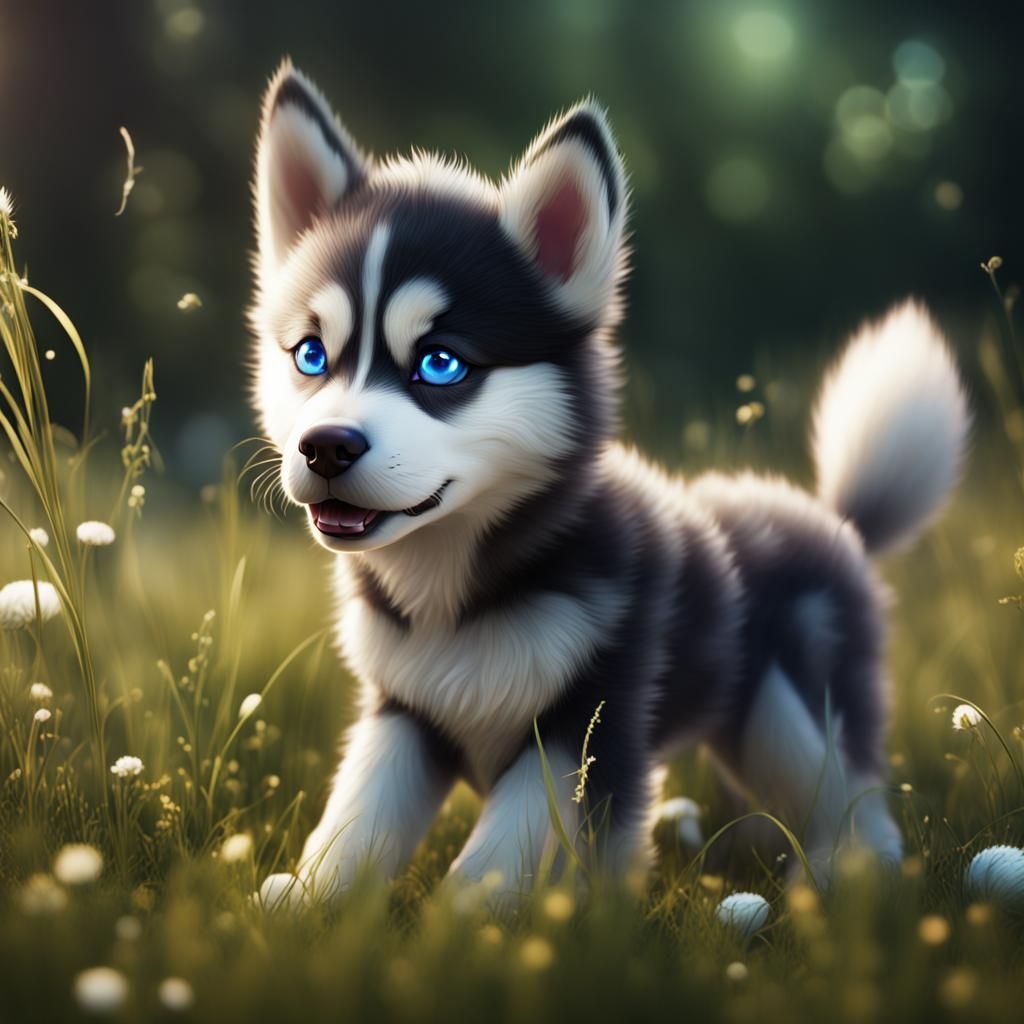 Cosmic Husky Puppy in Grassy Fields