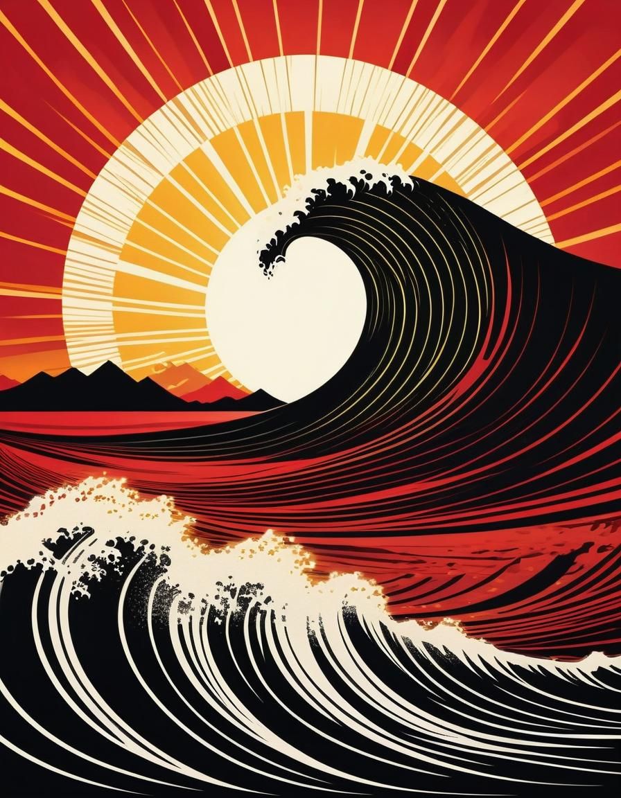 Elegant Wave and Rising Sun Silhouette Clip Art