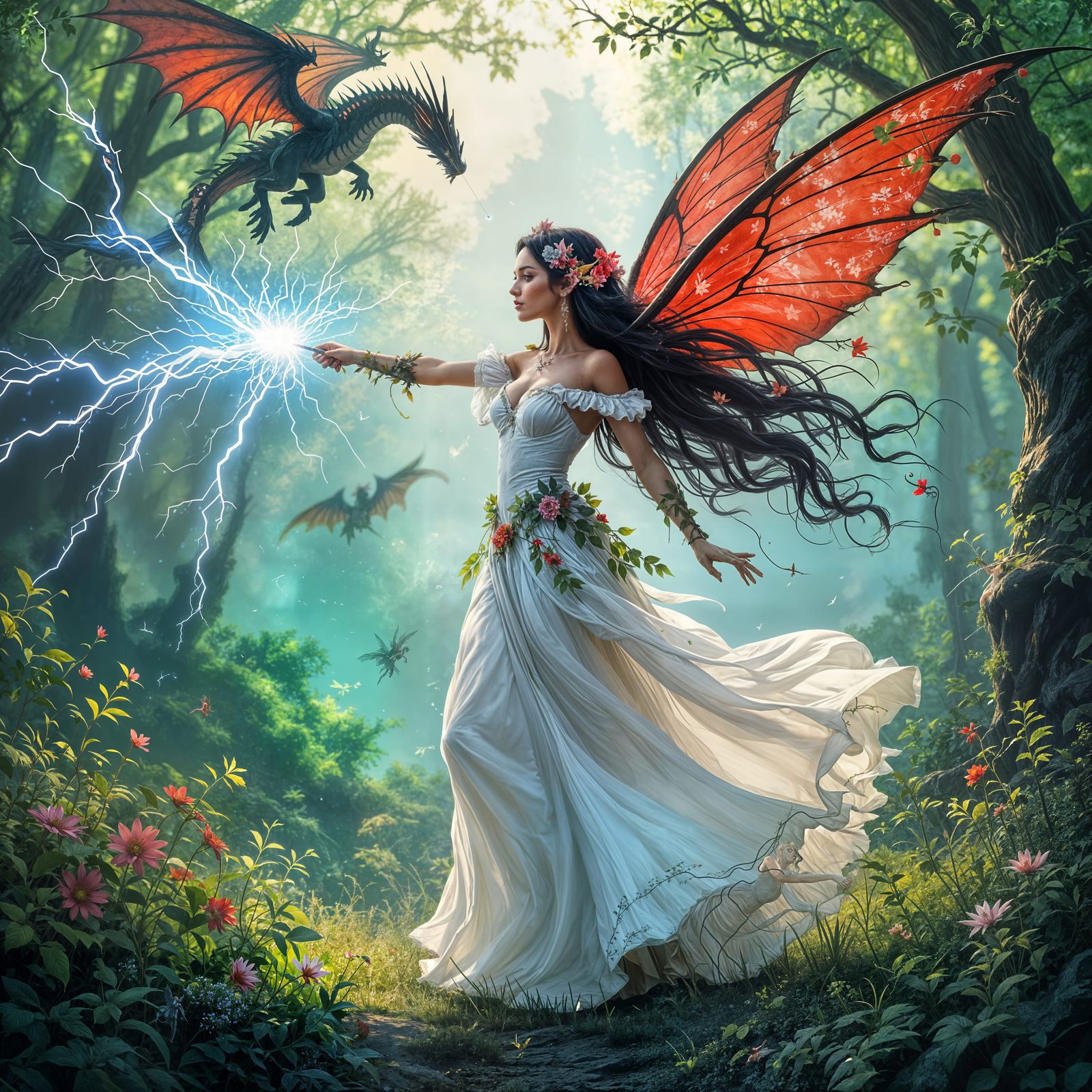 Fairy Defends Realm with Lightning Against Flying Dragons