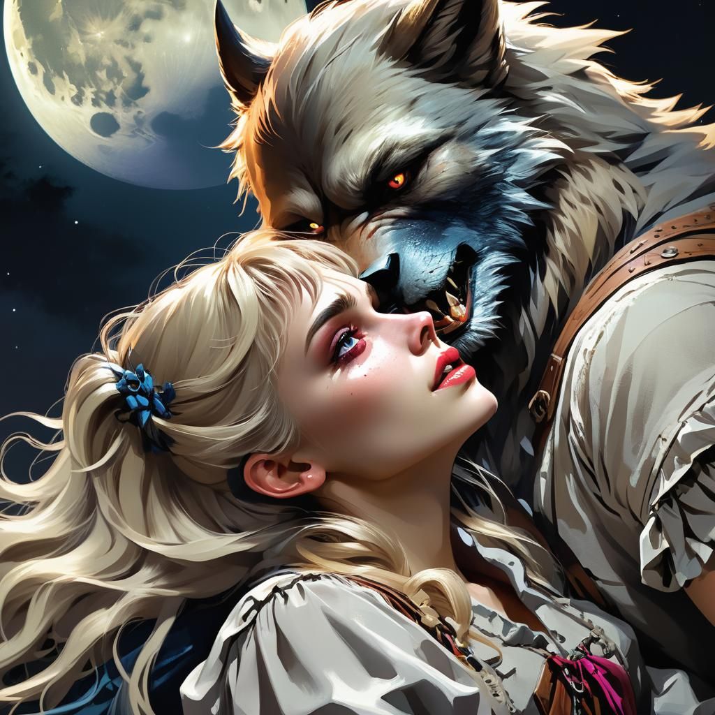 Werewolf Captures Girl Under Moonlight: Hyperdetailed Portra...