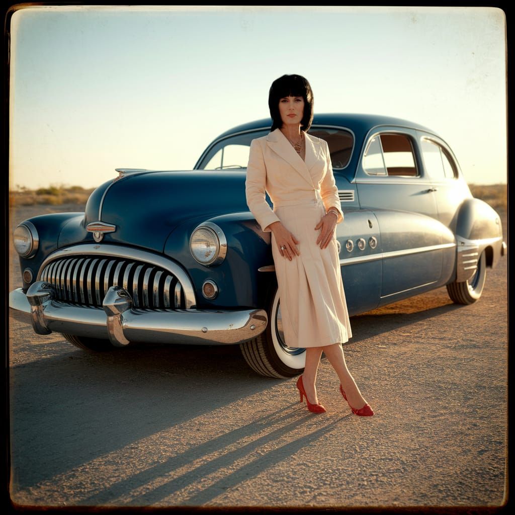 Elegant Figure Poses with Vintage Buick in Sunset Landscape