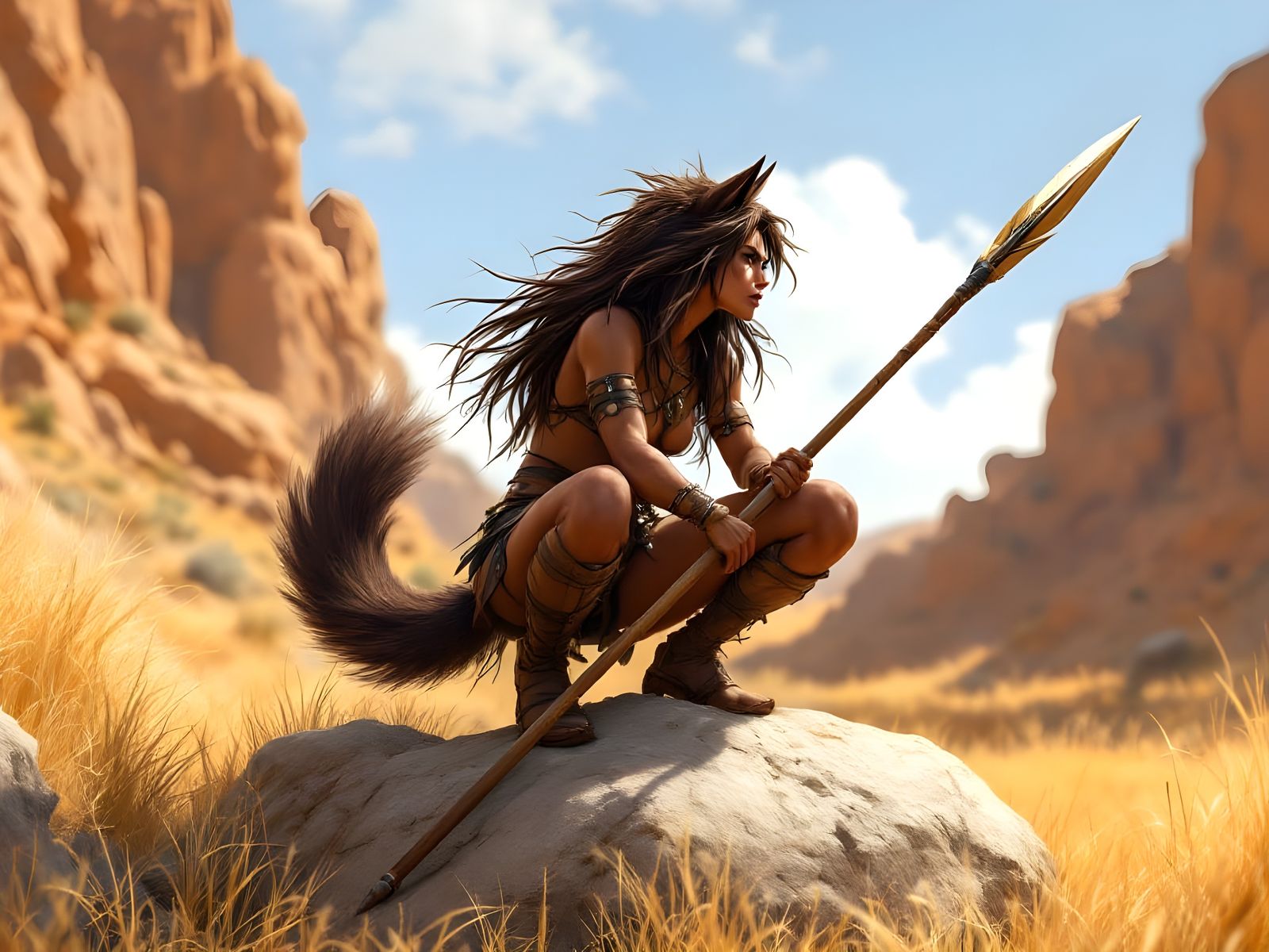 Anime Style Beastfolk Hunter in Arid Grassland