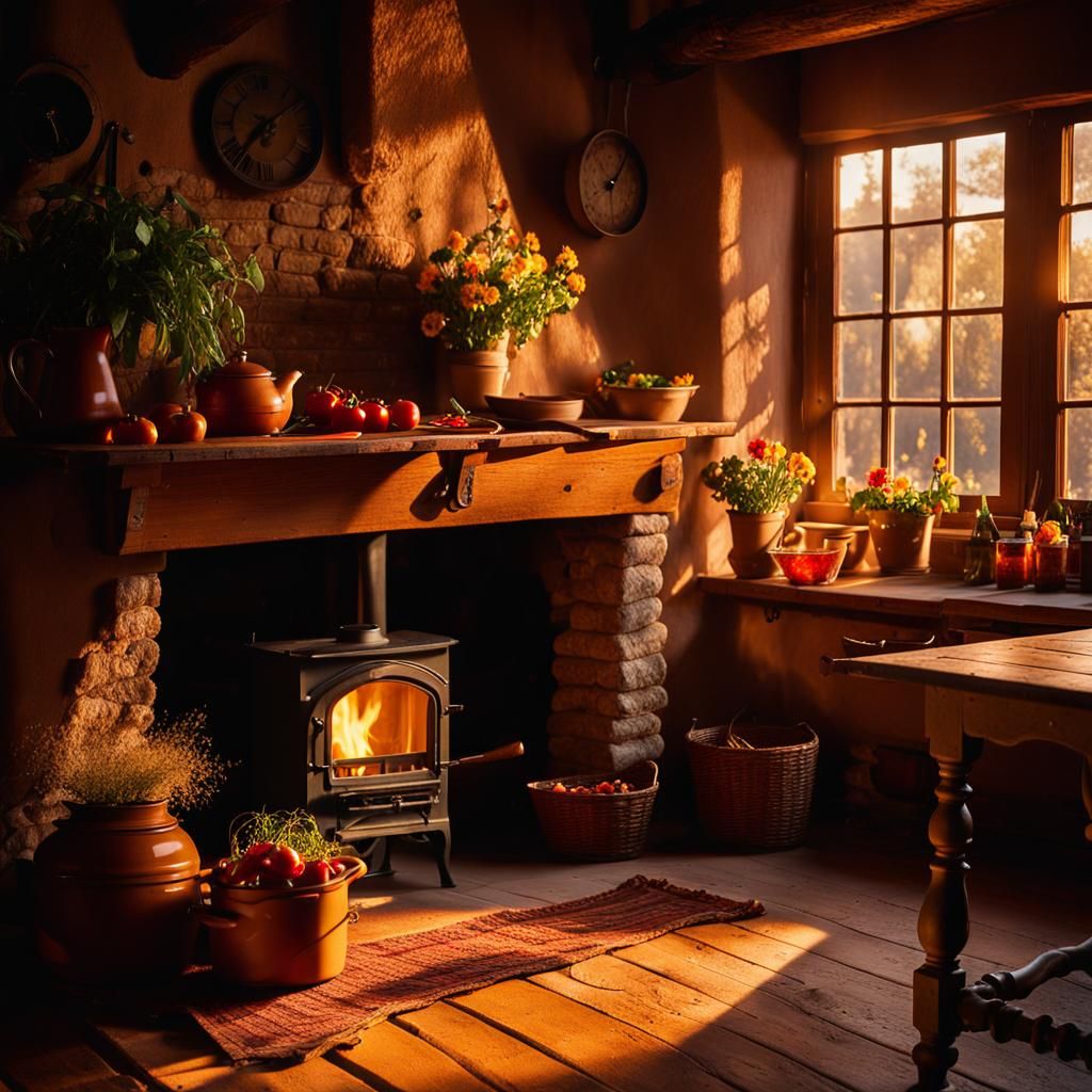 Rustic Kitchen Interior with Steaming Vegetable Soup