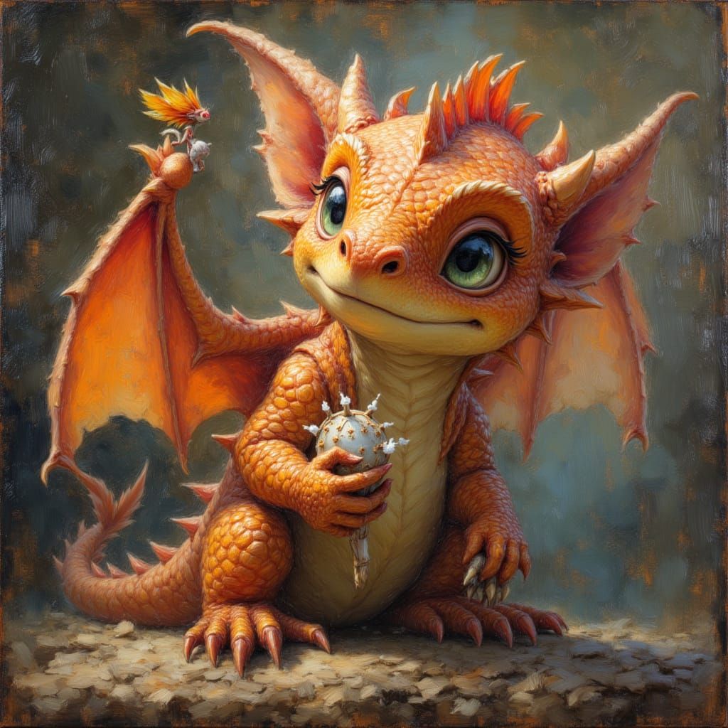 Baby Dragon Playing: Glittery Impasto Oil Painting