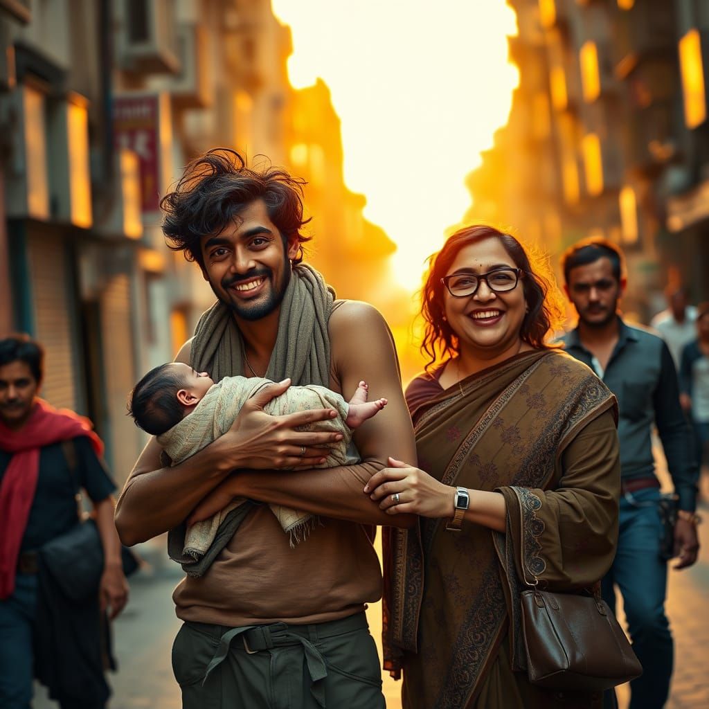 Joyful Indian Family in Golden Sunset Light