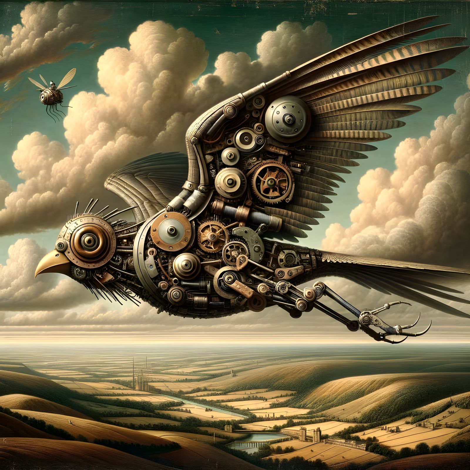 Mechanical Bird Soaring Over Rural Expanse in Steampunk Styl...