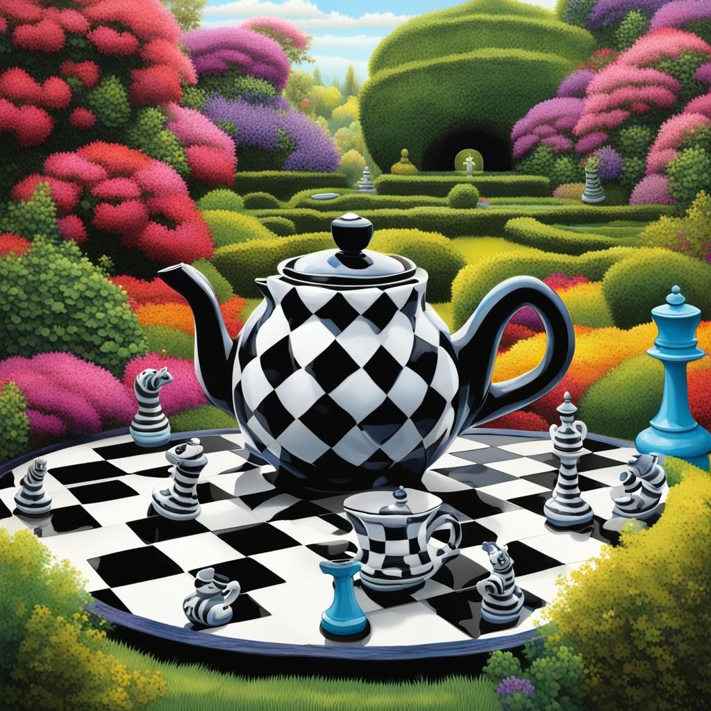 Cheshire Cat Peeks from Teapot in Garden Chess Scene