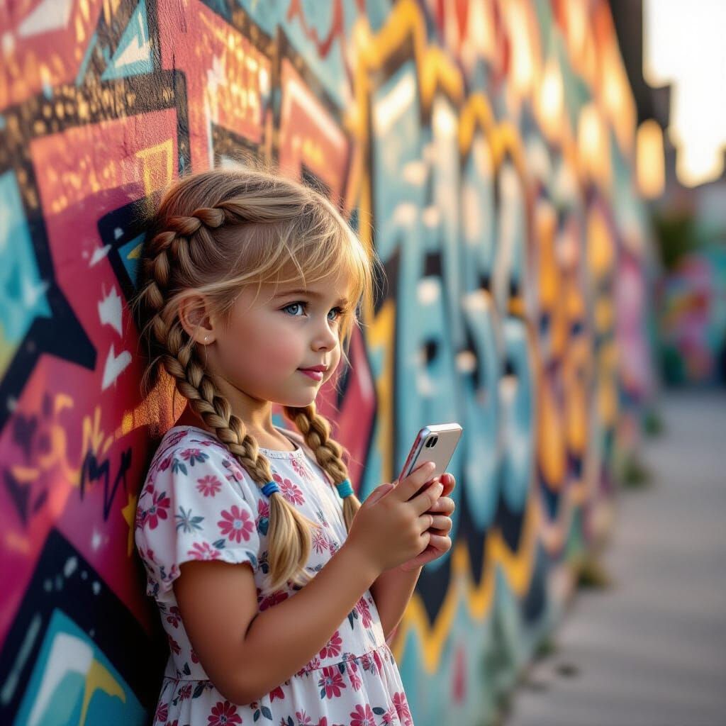 Young Girl by Graffiti Wall Holding iPhone