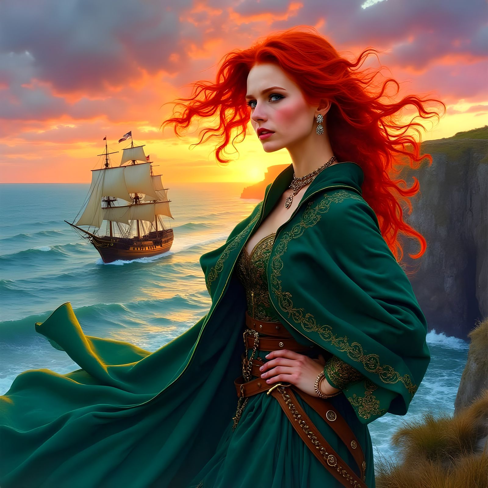 Surreal Irish Pirate Queen Stands at Cliff's Edge, Gazing Ou...