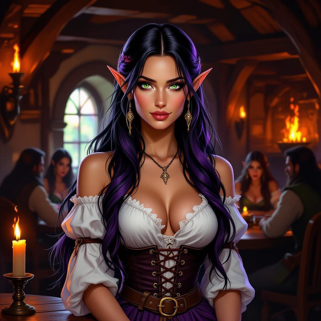 Fantasy Elf Bar Maiden in Rustic Inn