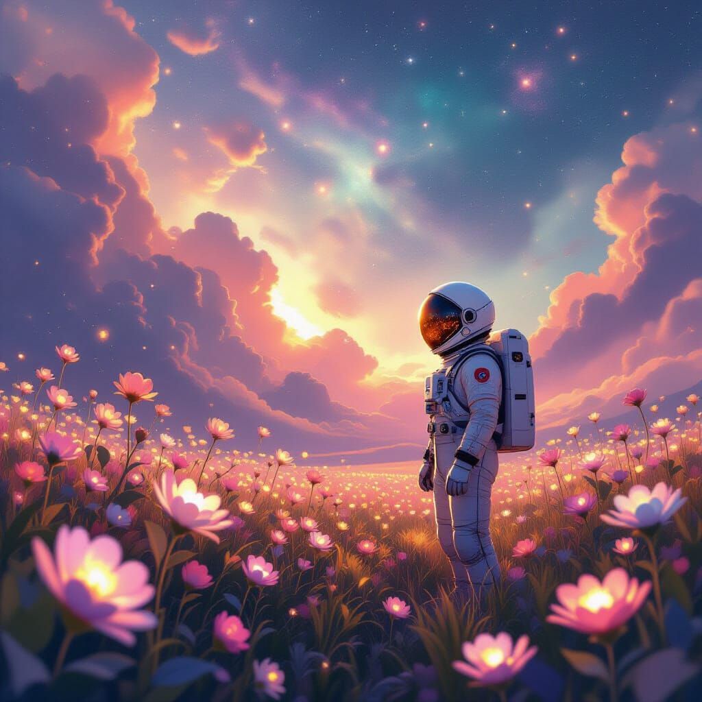 Astronaut Explores Alien Flower Field Under Cosmic Sky