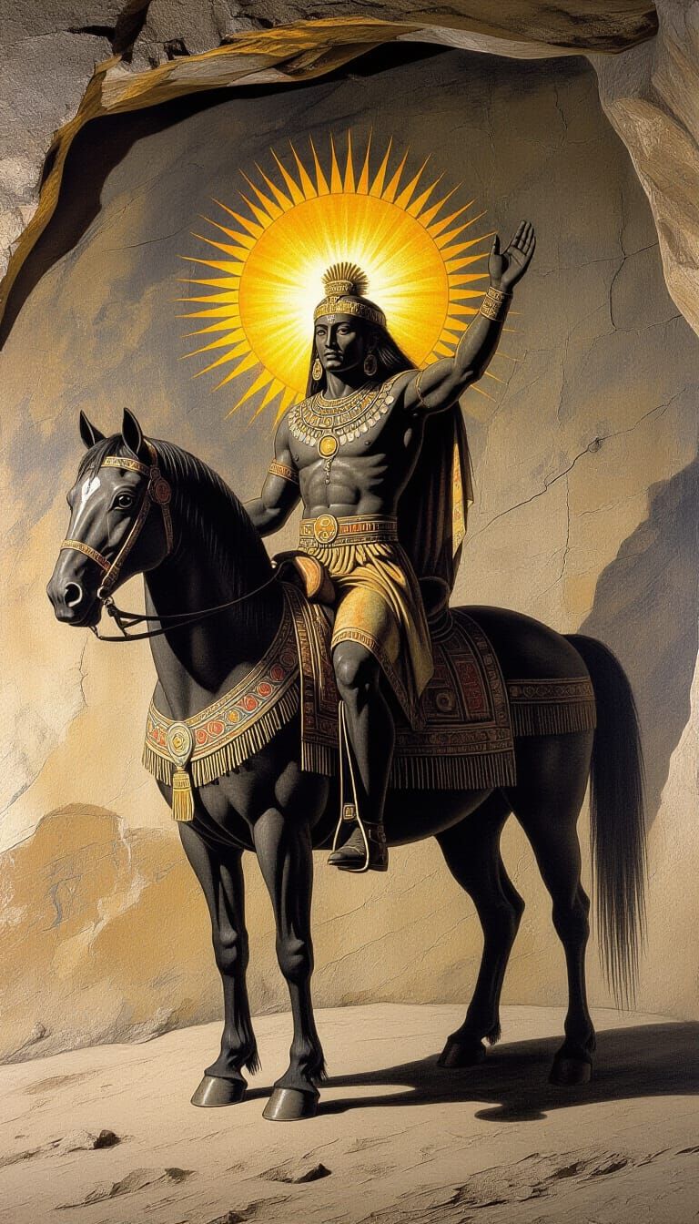 Ancient Sun-Headed Rider in Charcoal Cave Art Style