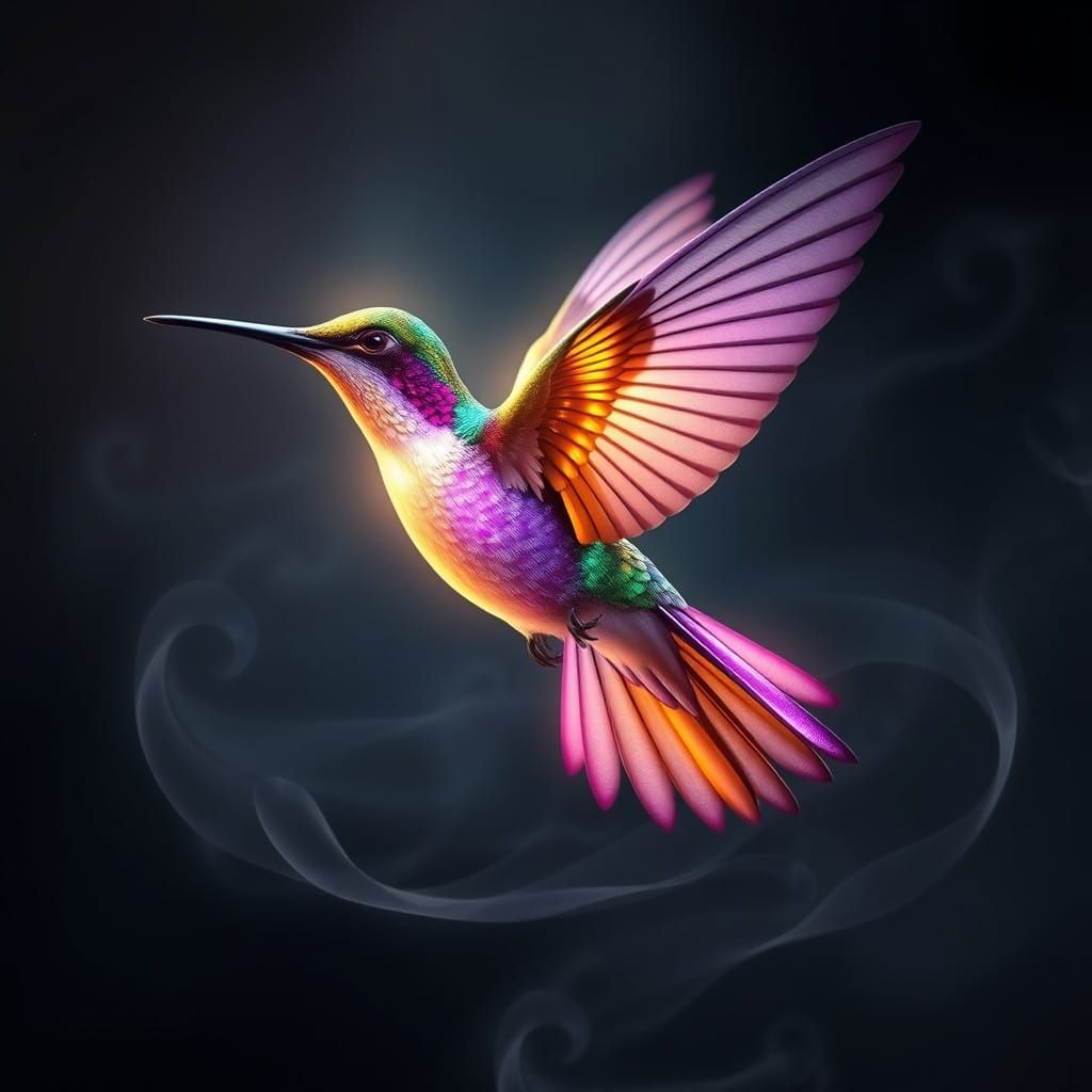 Glowing Giant Hummingbird Soars Through Mystical Vapors